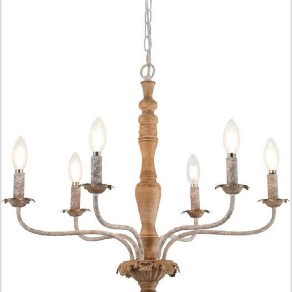 Fminlla 6-Light French Country Farmhouse Chandelier – Rustic Wood – NEW